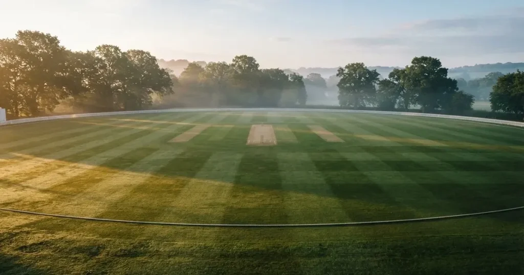 Ein ovales Cricketfeld mit gemähtem Rasen und hellem Mittelstreifen am frühen Morgen, Nebel zwischen den Bäumen am Rand