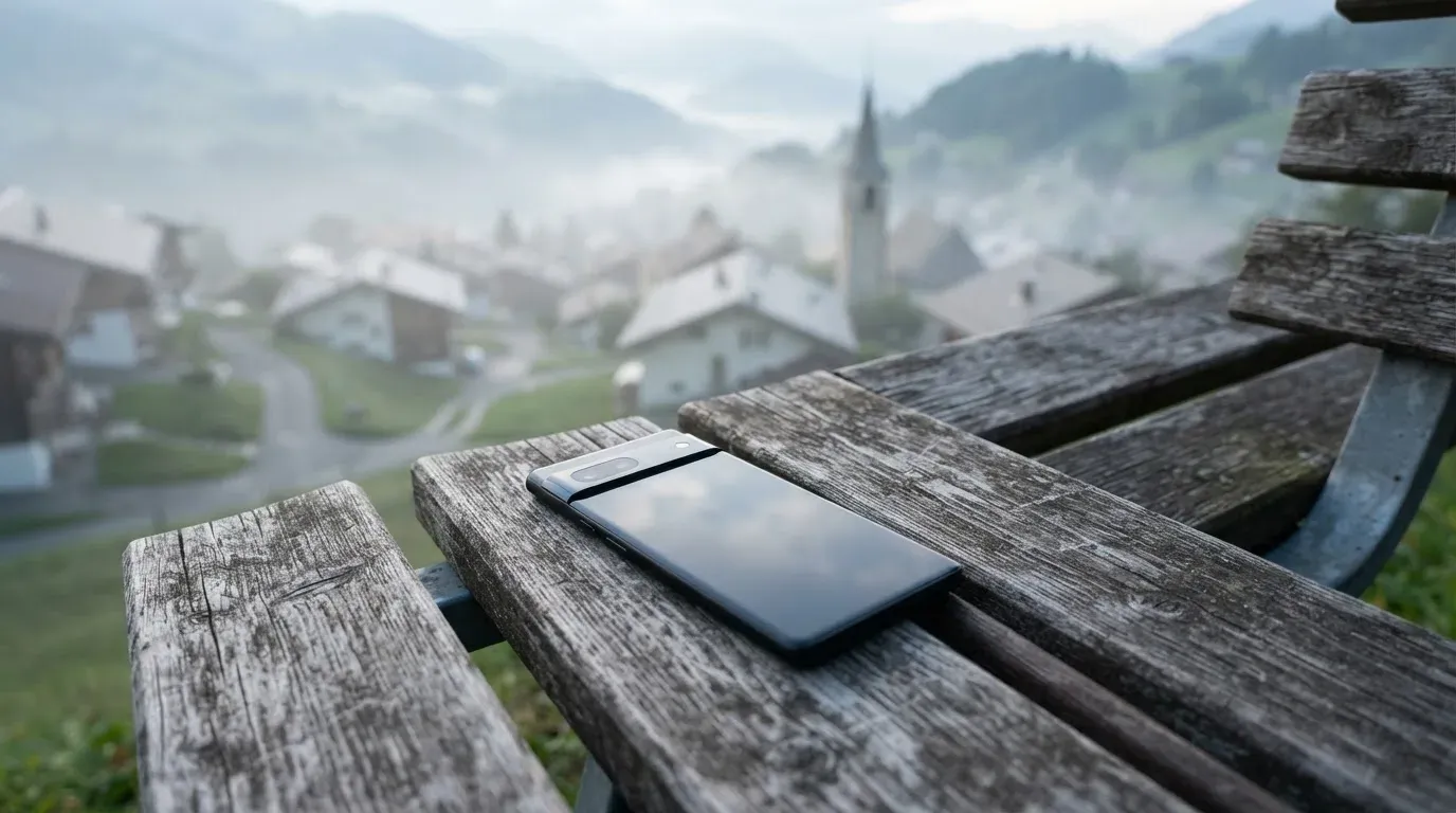 Ein Smartphone mit dunklem Display liegt auf einer Parkbank, dahinter ein Schweizer Dorf mit Kirchturm im Dunst