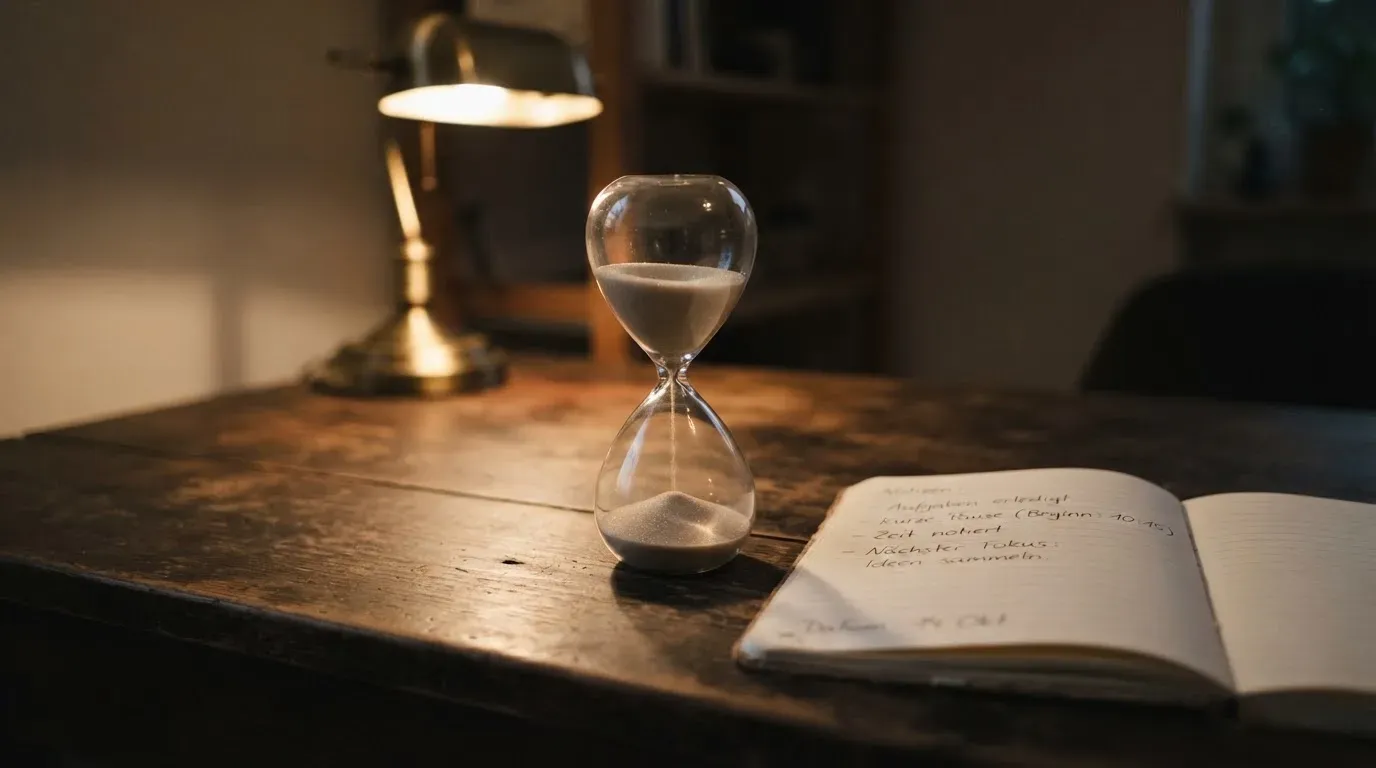 Eine Sanduhr steht auf einem Schreibtisch neben einem Notizbuch mit handschriftlichen Einträgen im Licht einer Lampe