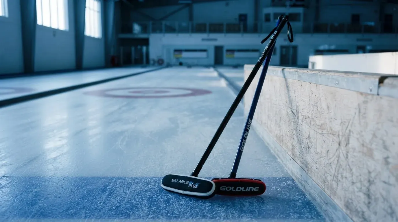 Zwei Curlingbesen lehnen an einer Bande am Rand einer leeren Eisfläche, kaltes Licht fällt durch hohe Fenster