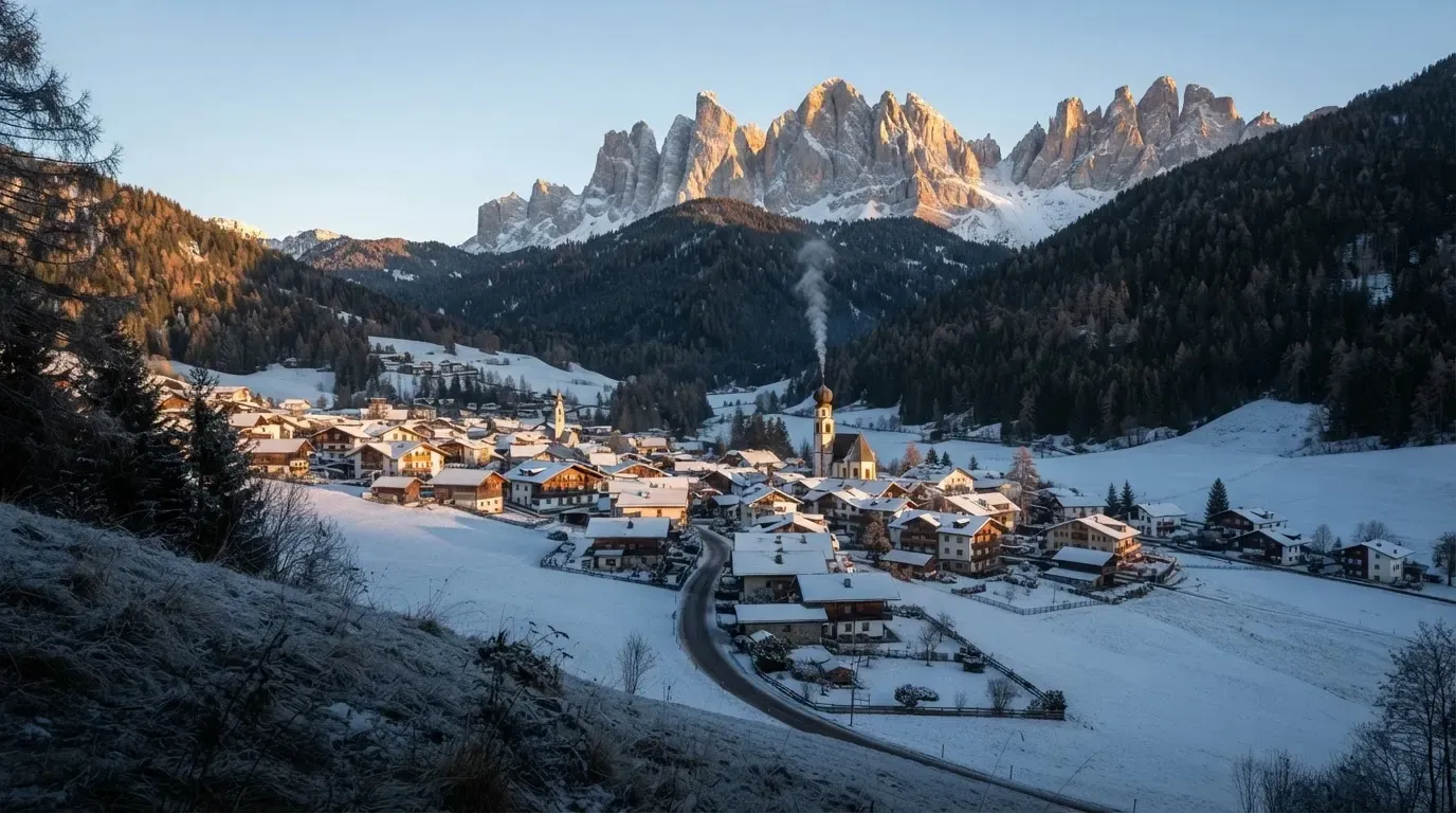 Ein Bergdorf im Schnee am Morgen aus der Ferne gesehen, aus einem Kamin steigt Rauch auf