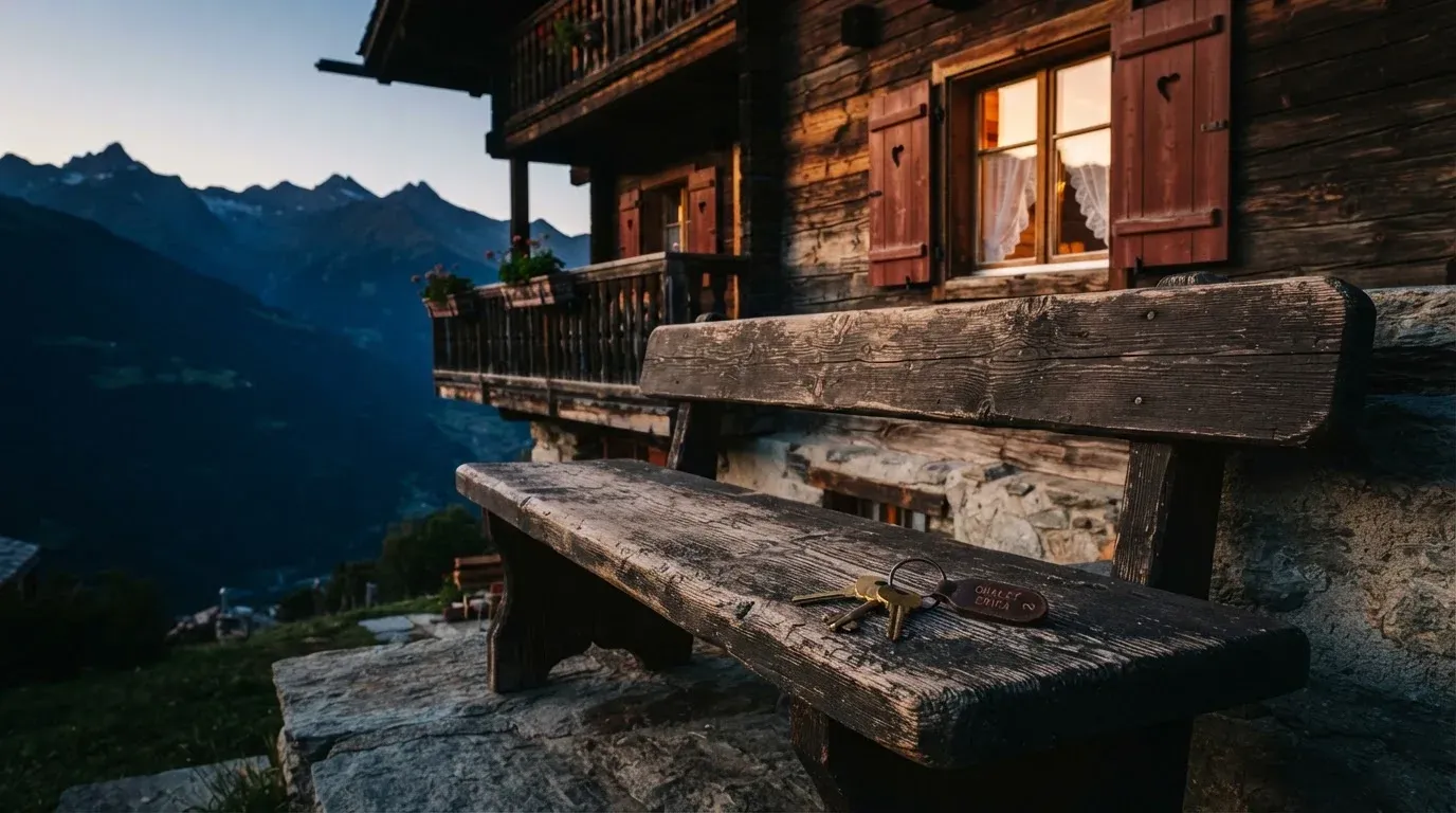 Eine Holzbank steht vor einem Chalet im Abendlicht, ein Schlüsselbund liegt darauf