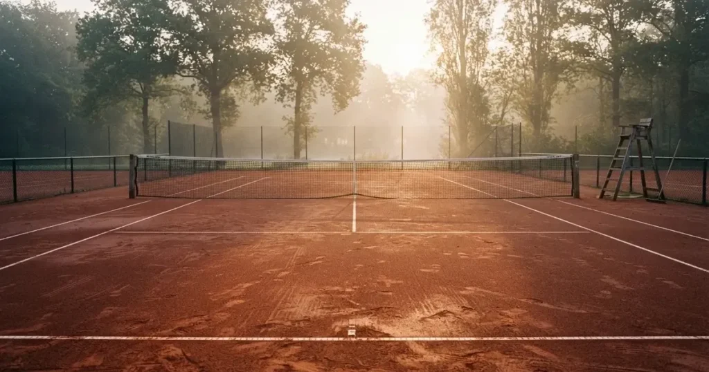 Ein Tennisplatz aus Sand bei Sonnenaufgang mit gespanntem Netz, Nebel zwischen den Bäumen am Rand