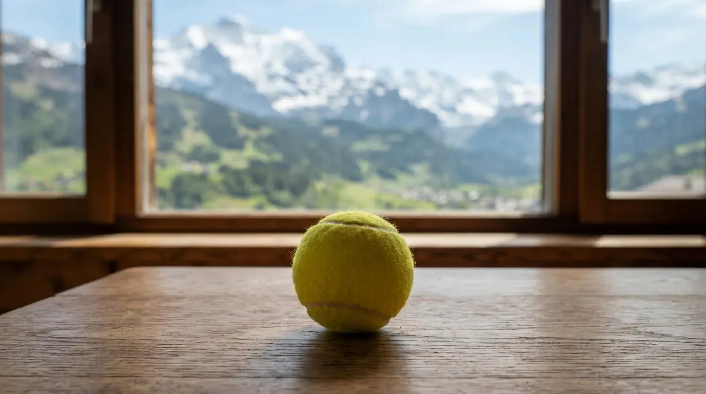 Ein einzelner gelber Tennisball liegt auf einem Holztisch vor einem Fenster mit Alpenblick