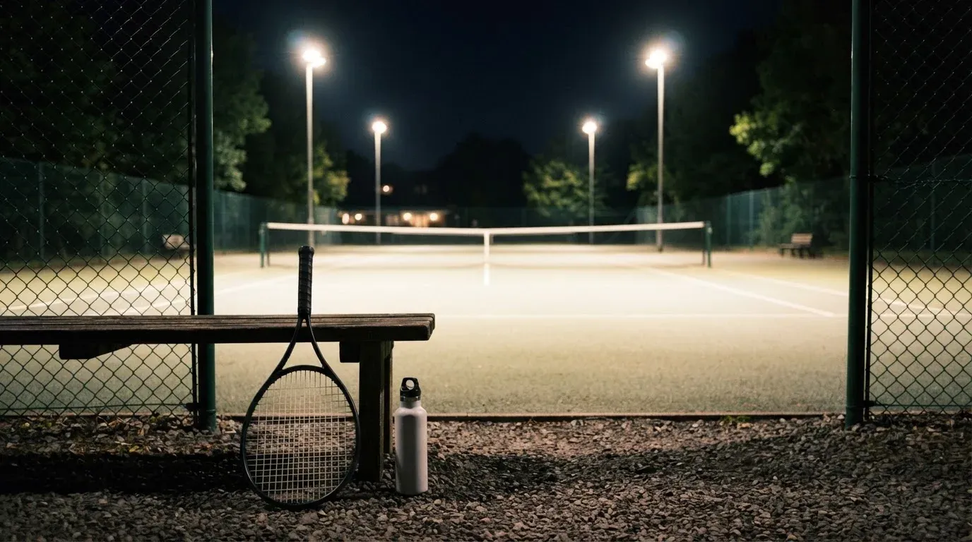 Ein Tennisschläger lehnt an einer Bank neben einer Wasserflasche, am Abend ruht der Platz im Flutlicht, aus der Ferne gesehen