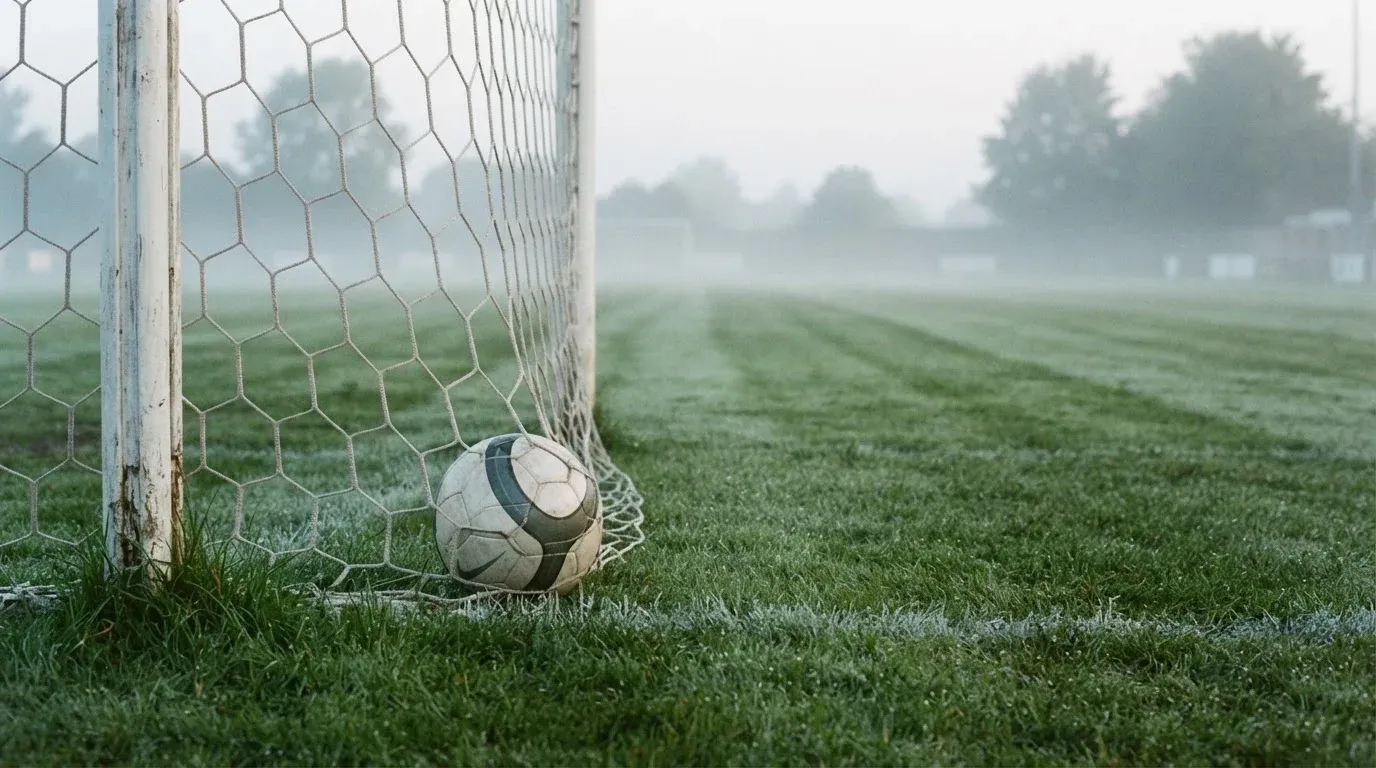 Ein Fussball liegt im Netz hinter einem Tor, weicher Morgennebel hängt über dem Rasen