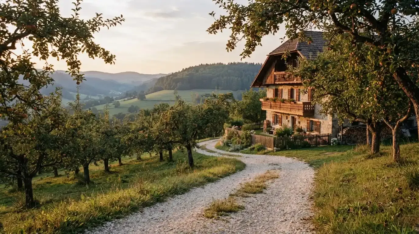 Ein Kiesweg führt durch einen Obstgarten zu einem Bauernhaus mit Holzbalkon, über dem Tal liegt Abendlicht