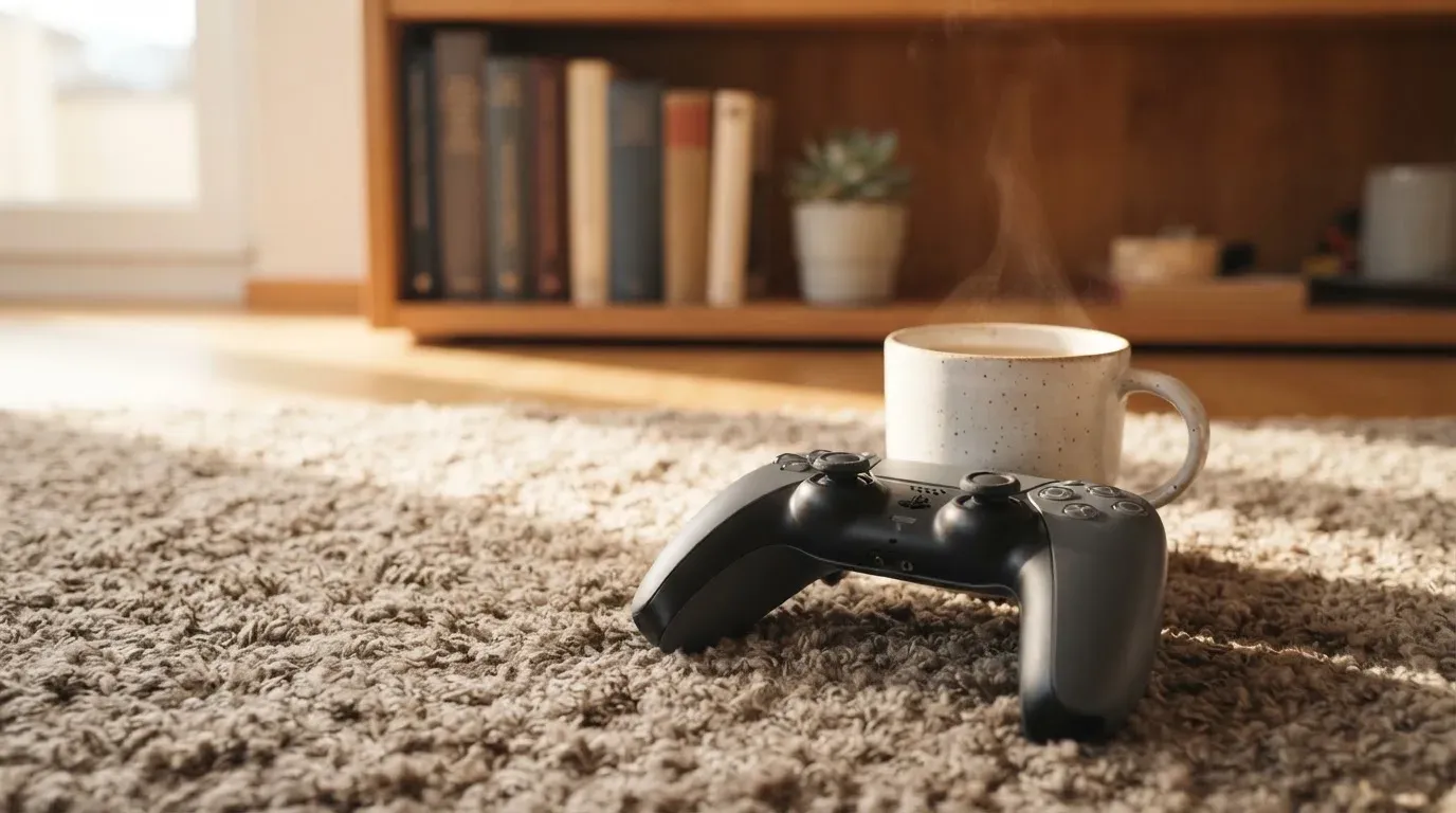 Ein Spielcontroller liegt auf einem Teppich neben einer Tasse, im Hintergrund ein Regal mit Büchern