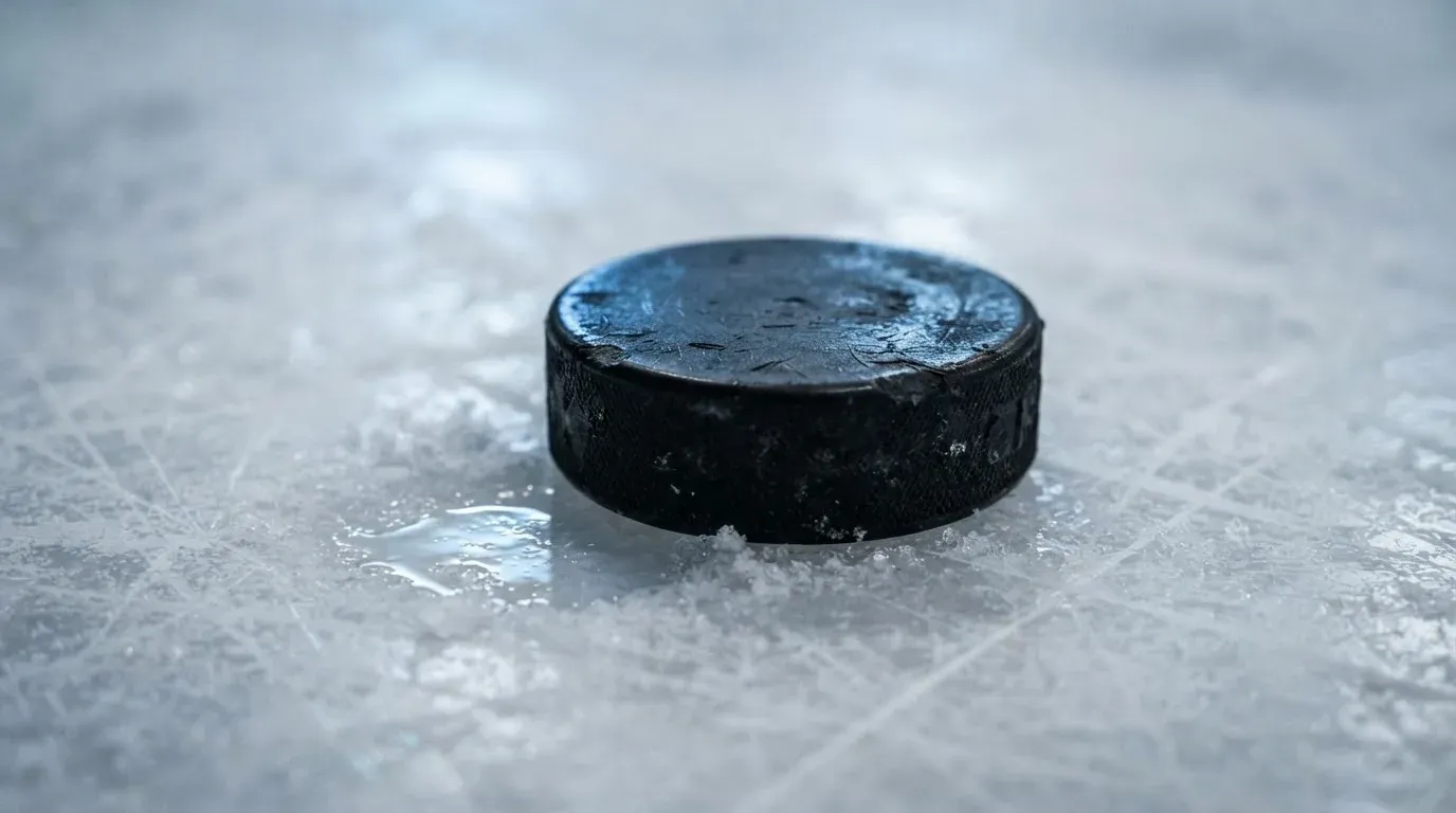 Ein Eishockeypuck liegt auf einer Eisfläche mit Kratzspuren, Nahaufnahme mit kühlen Reflexen