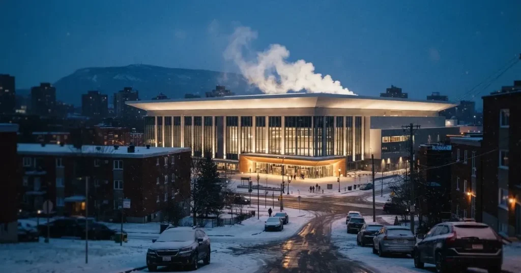 Eine Eishalle von weitem unter Flutlicht in einer verschneiten Stadtlandschaft, Dampf steigt vom Dach auf