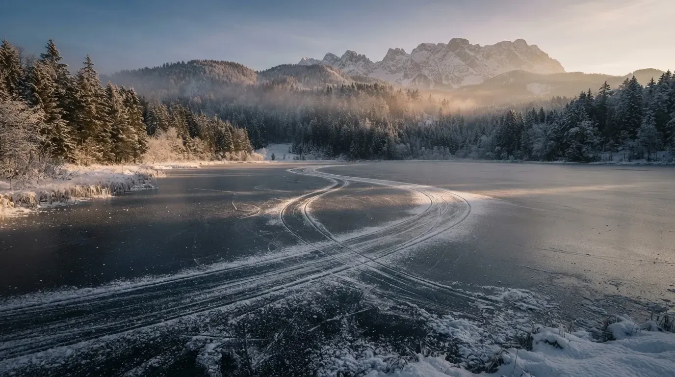 Ein zugefrorener Bergsee mit Spuren von Schlittschuhen am Morgen, dahinter ein verschneiter Wald
