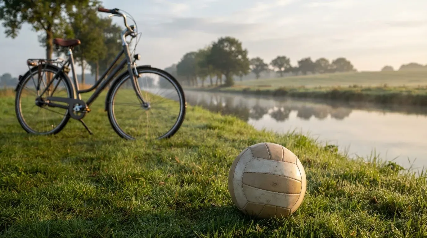 Ein Fussball liegt auf einer Wiese neben einem Fahrrad, im Hintergrund ein Kanal im Morgenlicht