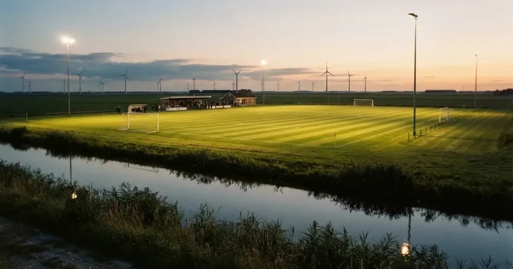 Ein Fussballplatz neben einem Kanal in flachem Land mit Windrädern am Horizont, Abendlicht liegt über dem Rasen