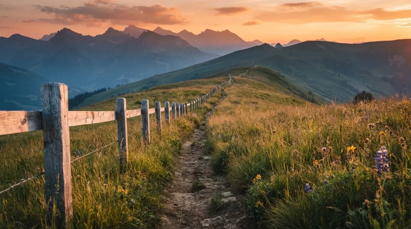 Ein Wanderweg führt durch eine Almwiese im Sonnenuntergang, am Wegrand steht ein Holzzaun