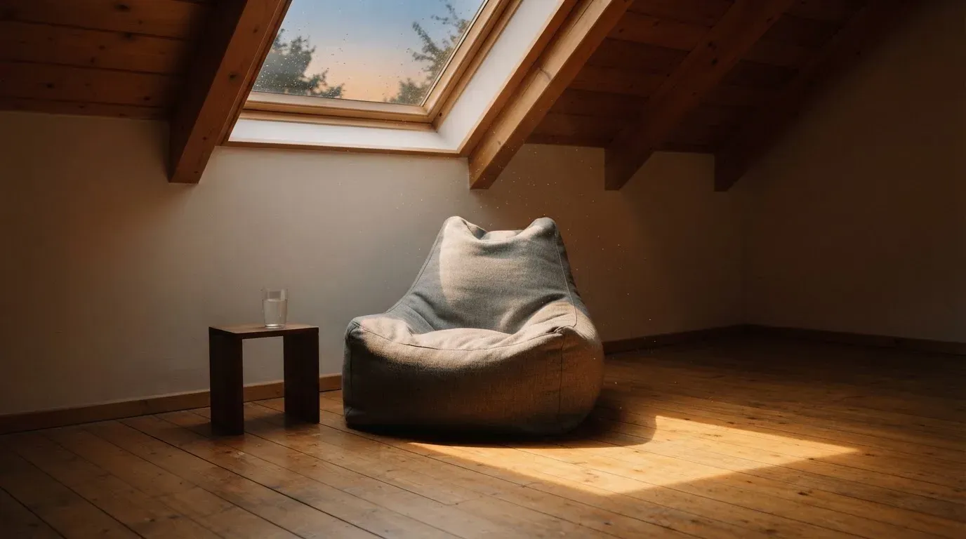 Ein leerer Sitzsack steht in einem Zimmer mit Dachfenster, Abendlicht fällt auf den Holzboden