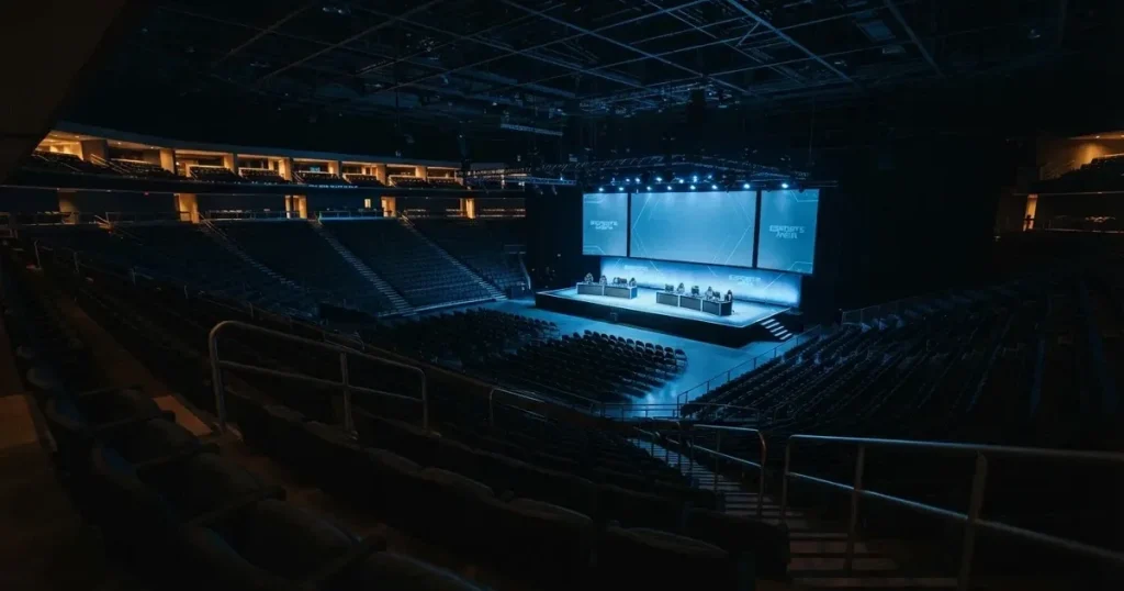 Eine grosse leere Arena mit Bühne und blauem Licht von weitem gesehen, Stuhlreihen liegen im Dunkeln
