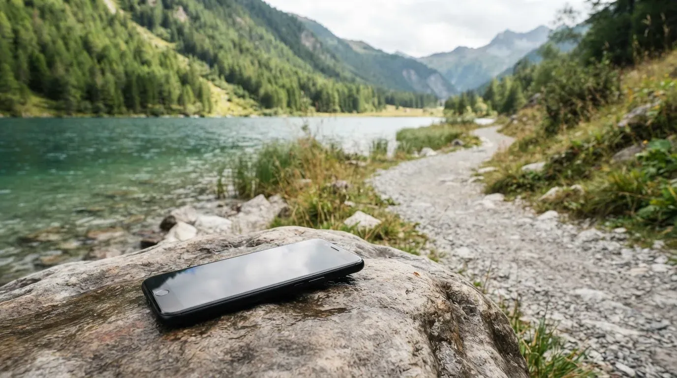 Ein schmaler Wanderweg führt am Seeufer entlang, auf einem Stein liegt ein Smartphone mit dunklem Display