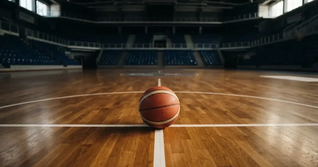 Ein Basketball liegt auf dem hellen Parkett einer leeren Halle, im Hintergrund steigen die Tribünenreihen im Halbdunkel an.