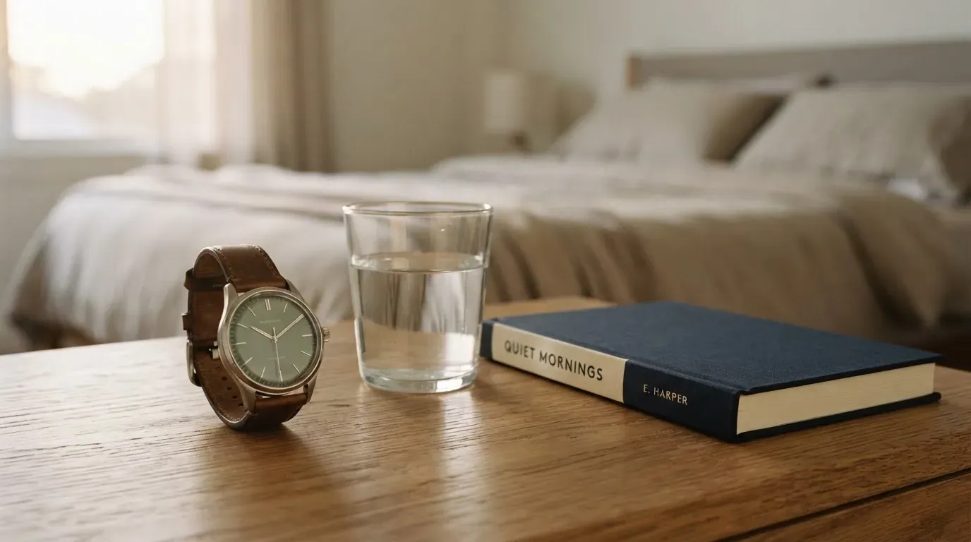 Eine Armbanduhr und ein Wasserglas stehen auf einem Nachttisch im ersten Morgenlicht, daneben ein zugeklapptes Buch.