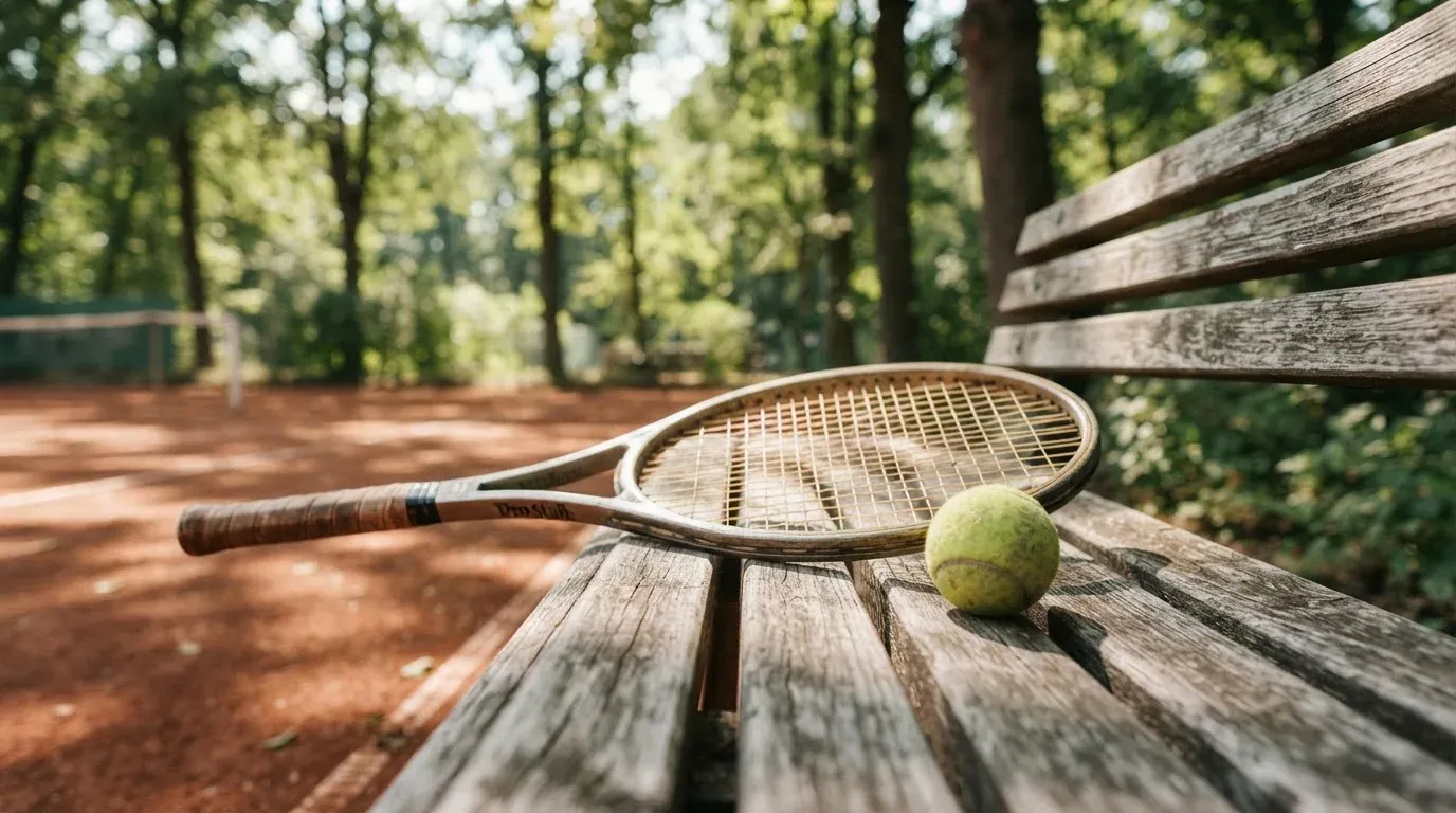 Ein Tennisball und ein Schläger ruhen auf einer Holzbank am Spielfeldrand, im Hintergrund hohe Bäume im Sommerlicht.