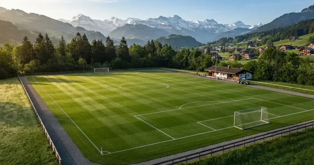 Ein Fussballplatz aus der Vogelperspektive mit sauberen Linien auf dichtem Rasen, in der Ferne verschneite Berge.