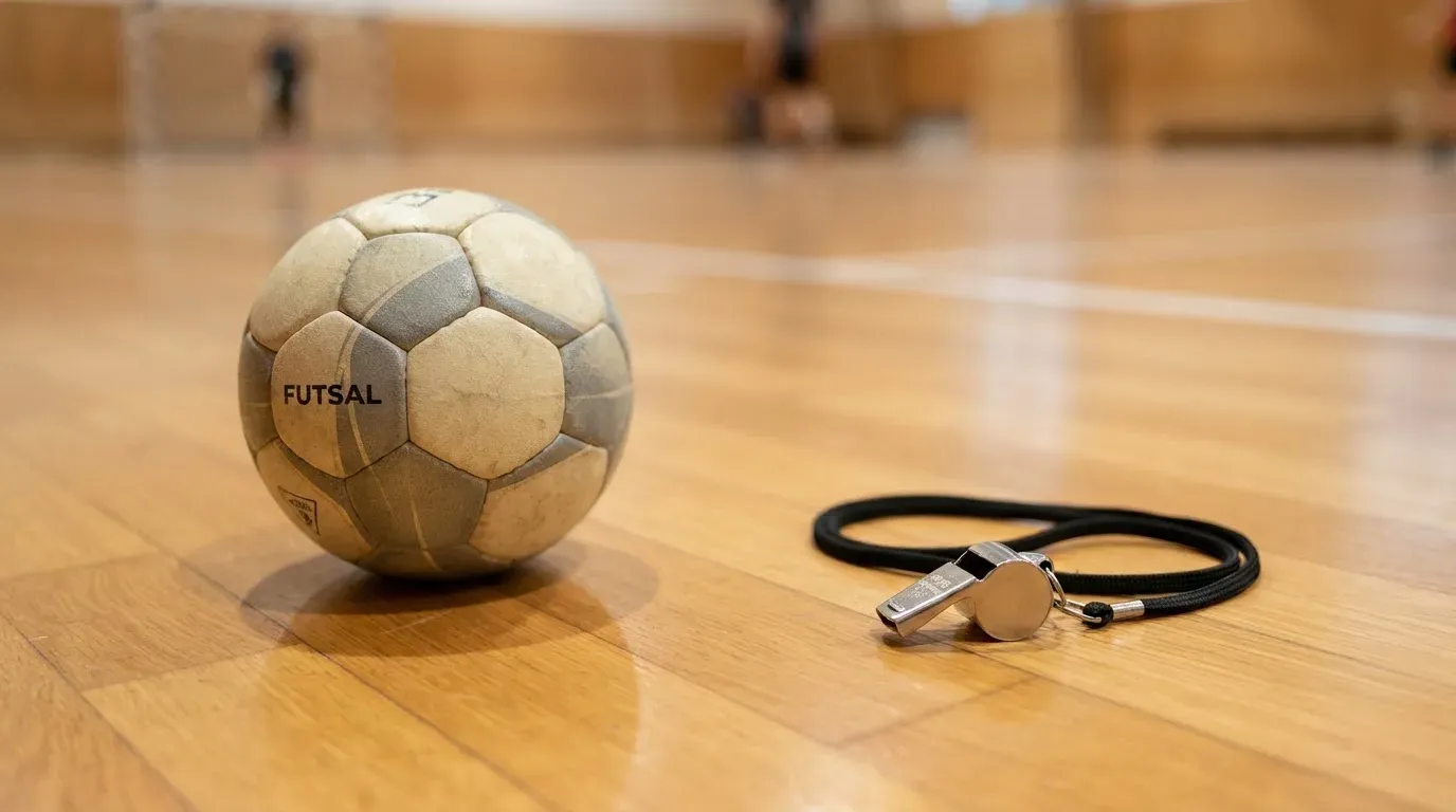 Ein kleiner, schwerer Ball liegt auf glattem Hallenparkett neben einer Trillerpfeife an einer Schnur.