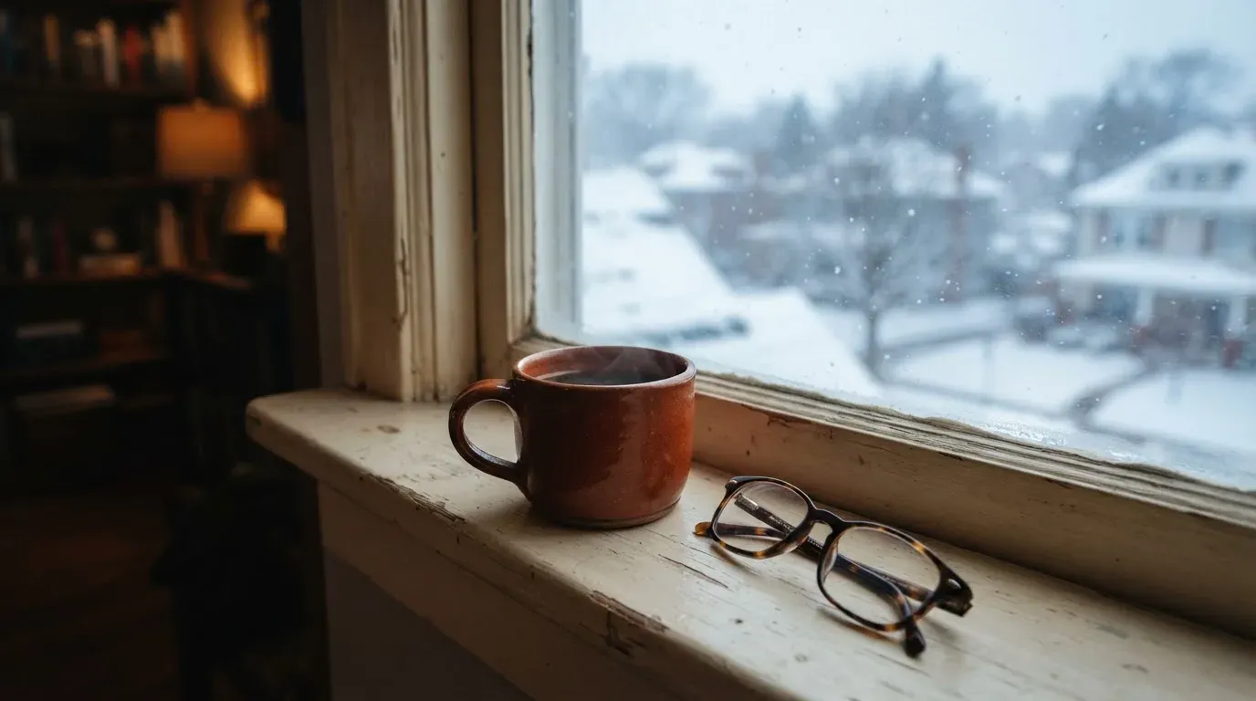 Eine Kaffeetasse und eine Brille stehen auf einem Fensterbrett, draussen fällt Schnee auf ein Dach.