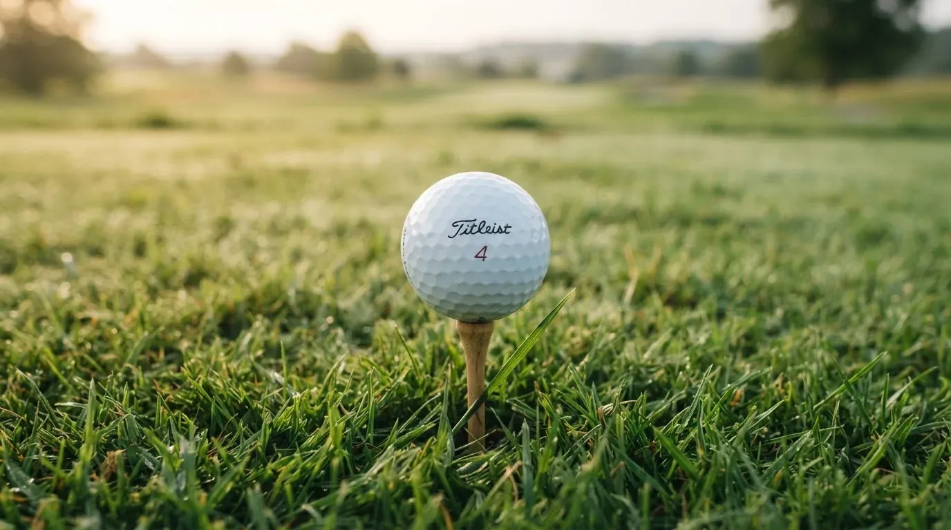 Ein Golfball liegt auf einem Holztee im Gras, scharf im Vordergrund, dahinter verschwimmt eine weite Wiese.