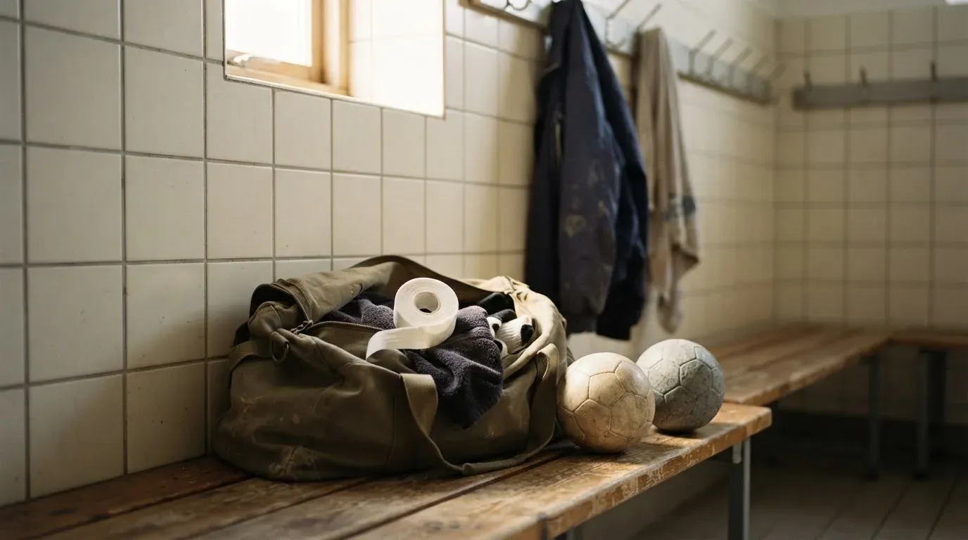 Eine Stofftasche mit Klebeband und zwei Handbällen steht auf einer Bank in einer Umkleide, Licht fällt durch ein kleines Fenster.