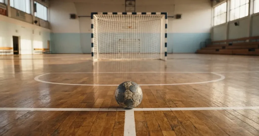 Ein Tor mit dicht gespanntem Netz steht in einer grossen Halle, davor liegt ein Handball auf der Torraumlinie.
