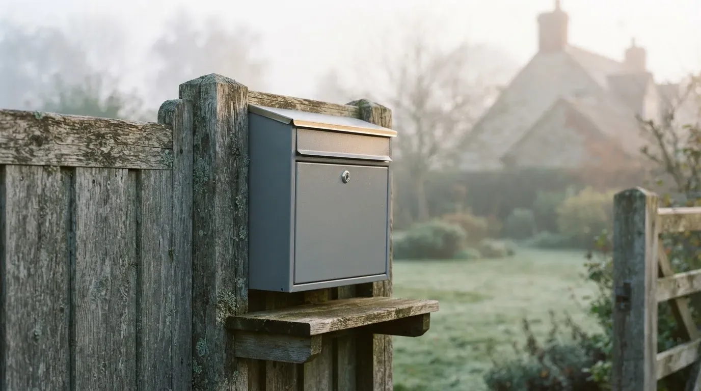 Ein Briefkasten aus Metall hängt an einem Holzzaun, dahinter liegt ein Garten im Morgennebel.