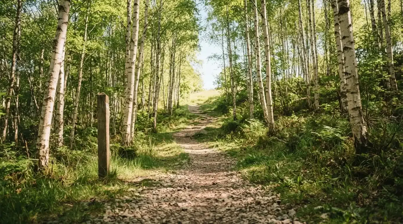 Ein Wanderweg führt zwischen hellen Birken bergauf, Sonnenstrahlen fallen durch das Laub auf den Boden.
