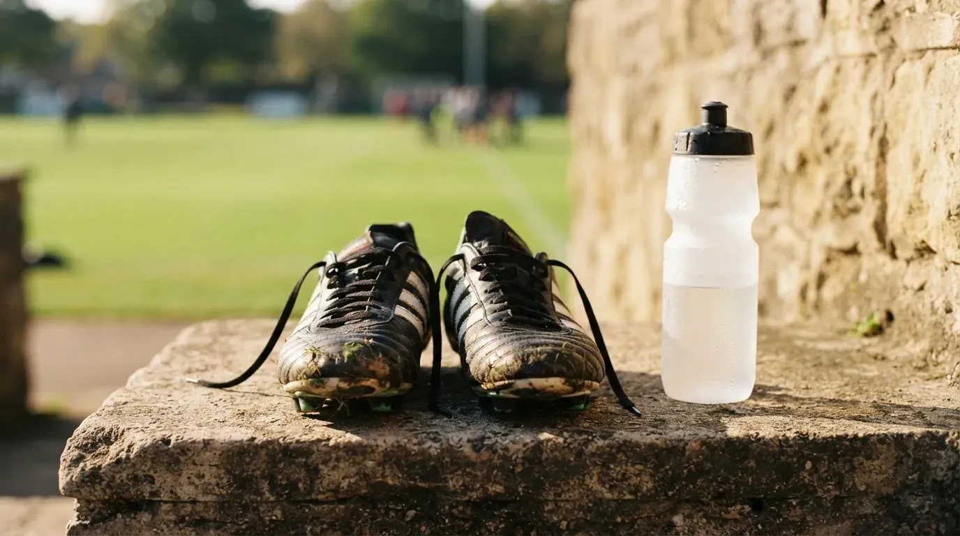 Ein Paar abgetragene Fussballschuhe steht neben einer Wasserflasche auf einer Treppenstufe im Sonnenlicht.