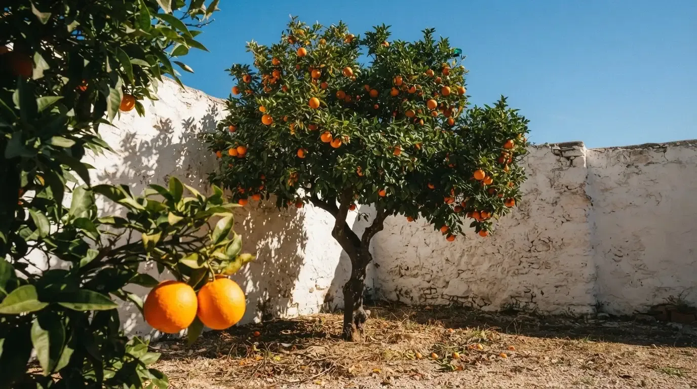 Ein Orangenbaum mit reifen Früchten wächst an einer weissen Mauer unter blauem Himmel.