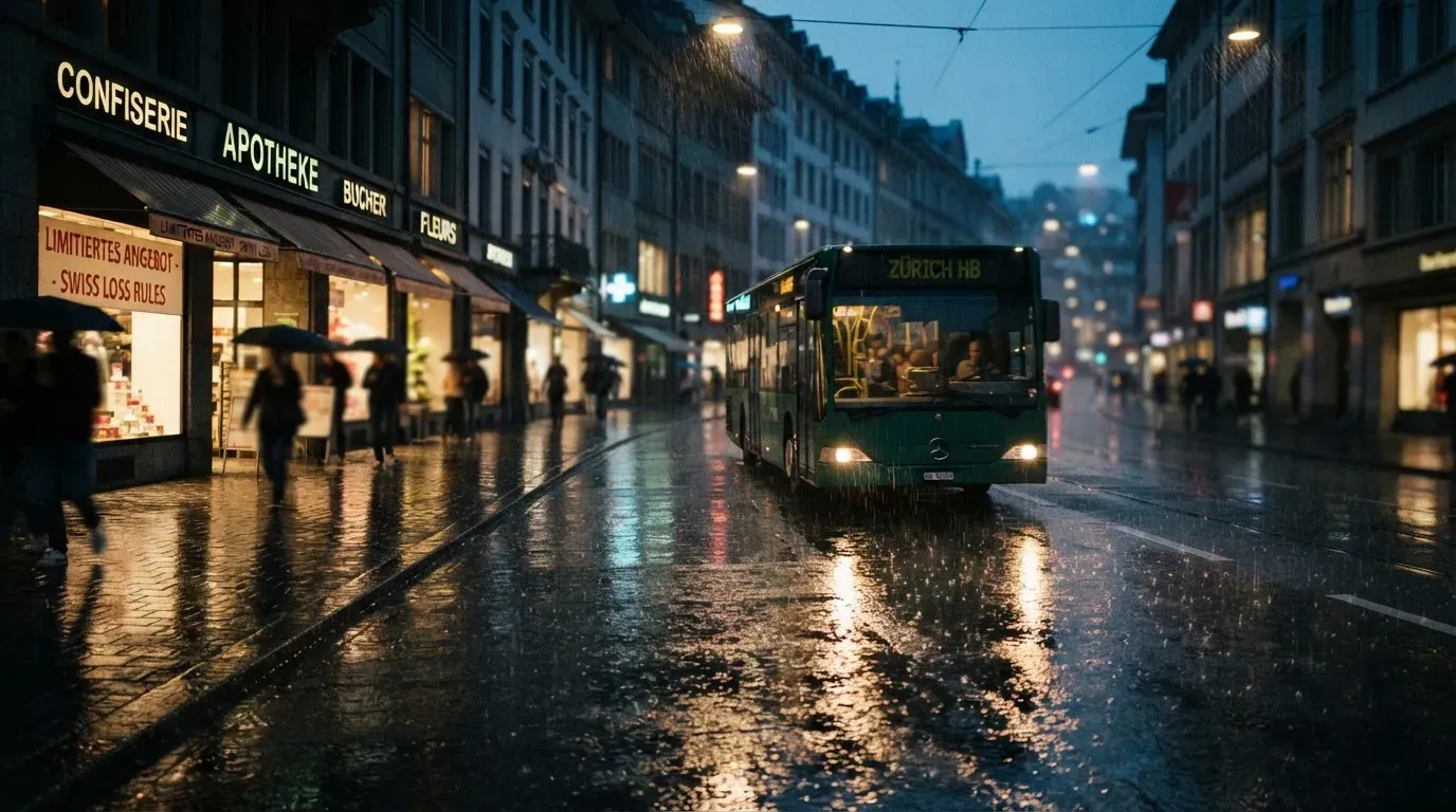 Ein Stadtbus fährt an einem regnerischen Abend durch eine Strasse mit Pfützen, die Lichter spiegeln sich im Asphalt.