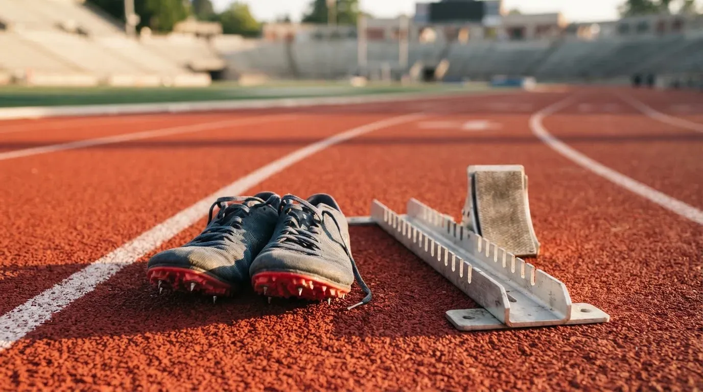 Ein Paar Laufschuhe mit Spikes liegt auf einer Tartanbahn neben einem Startblock, die Linien verlaufen in die Ferne.