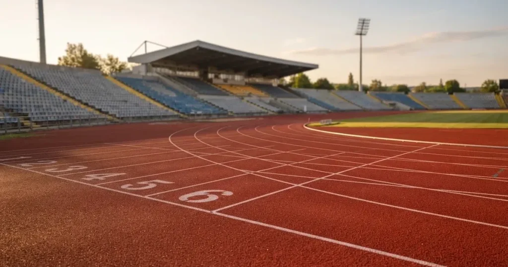 Eine rote Laufbahn mit weissen Linien leuchtet in der Morgensonne, im Hintergrund ein leeres Stadion.