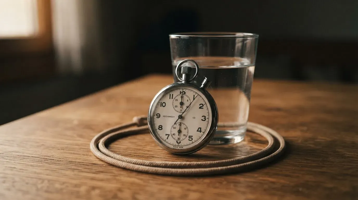 Eine Stoppuhr an einer Schnur liegt auf einem Holztisch neben einem Wasserglas, das Licht ist ruhig.