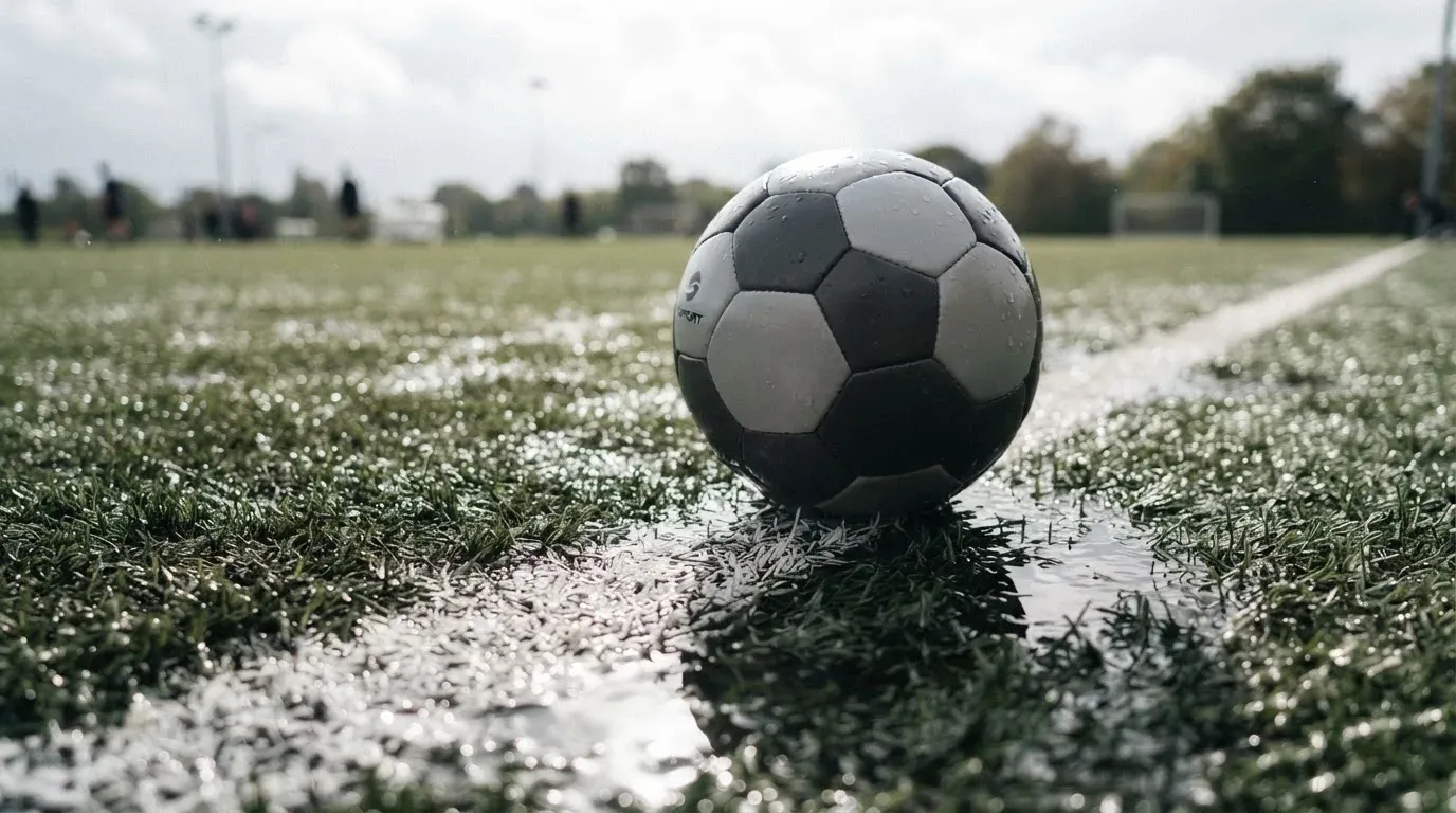 Ein Fussball liegt auf nassem Kunstrasen neben einer weissen Linie, Pfützen spiegeln den Himmel.