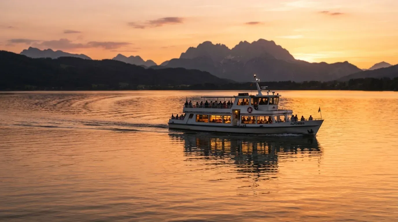 Eine Fähre gleitet bei Sonnenuntergang über einen ruhigen See, das Wasser glänzt in Orange.
