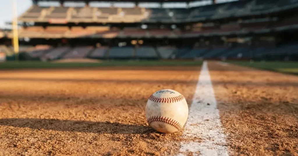 Ein weisser Baseball liegt auf rotbraunem Sand neben der Grundlinie eines leeren Stadions im warmen Abendlicht, die Ränge sind verlassen.