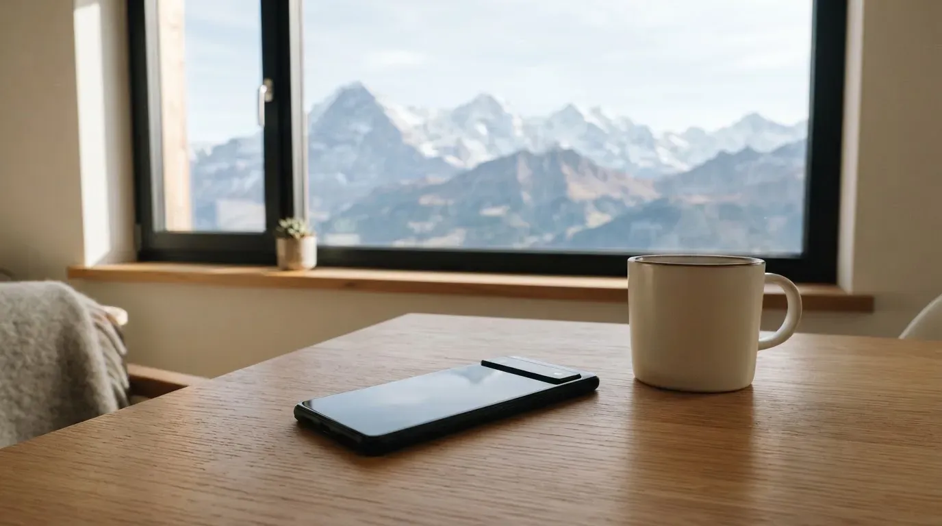 Ein Smartphone mit dunklem Bildschirm liegt auf einem hellen Schreibtisch neben einer Tasse, durch das Fenster dahinter sieht man eine Bergkette.