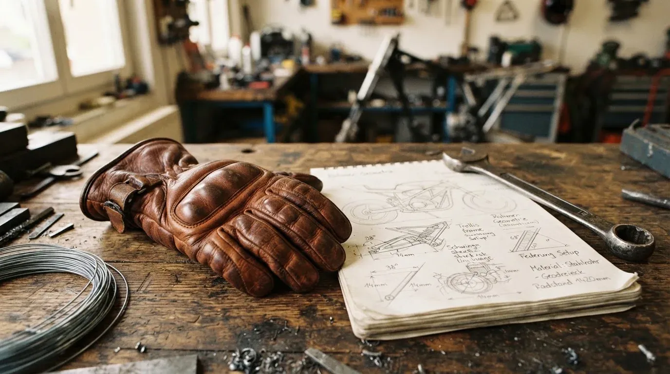 Ein Motorradhandschuh aus Leder liegt auf einer Werkbank neben einem Block mit handgezeichneten Skizzen und einem Schraubenschlüssel.
