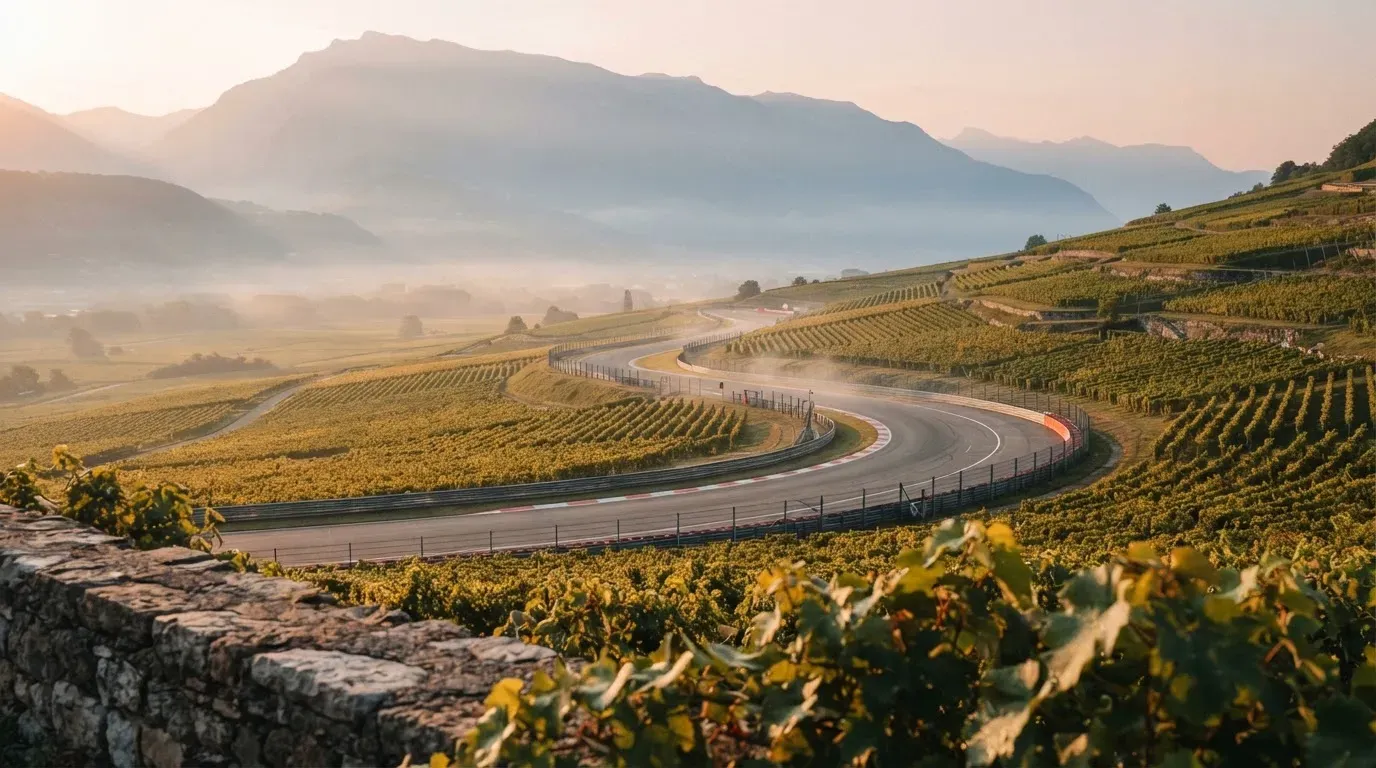 Eine Rennstrecke aus der Ferne zwischen Weinbergen und einer Bergkette, Dunst liegt am frühen Morgen über dem Asphalt.