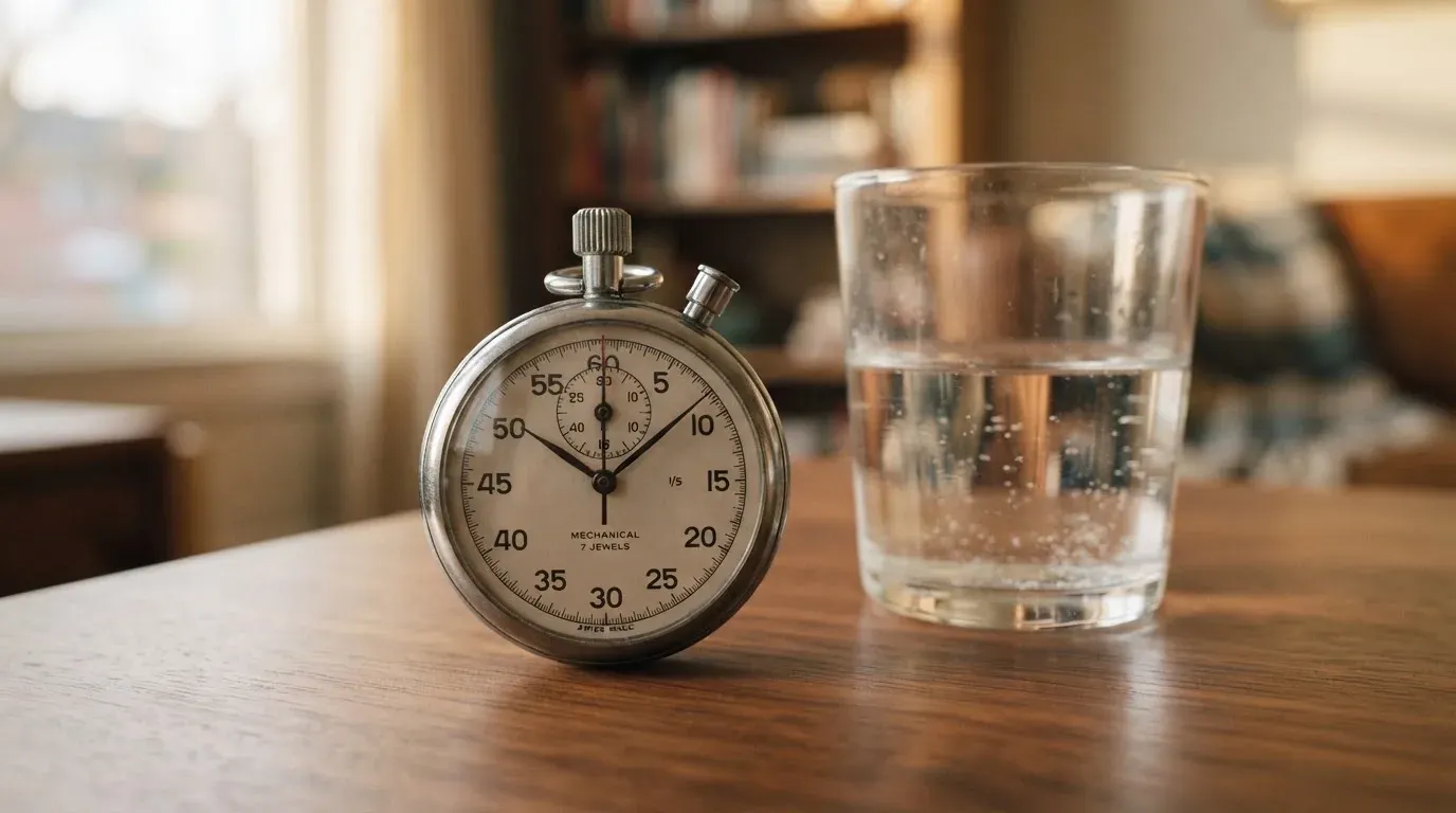 Eine Stoppuhr aus Metall liegt auf einem Holztisch neben einem Glas Wasser, das Licht fällt von der Seite durch ein Fenster.