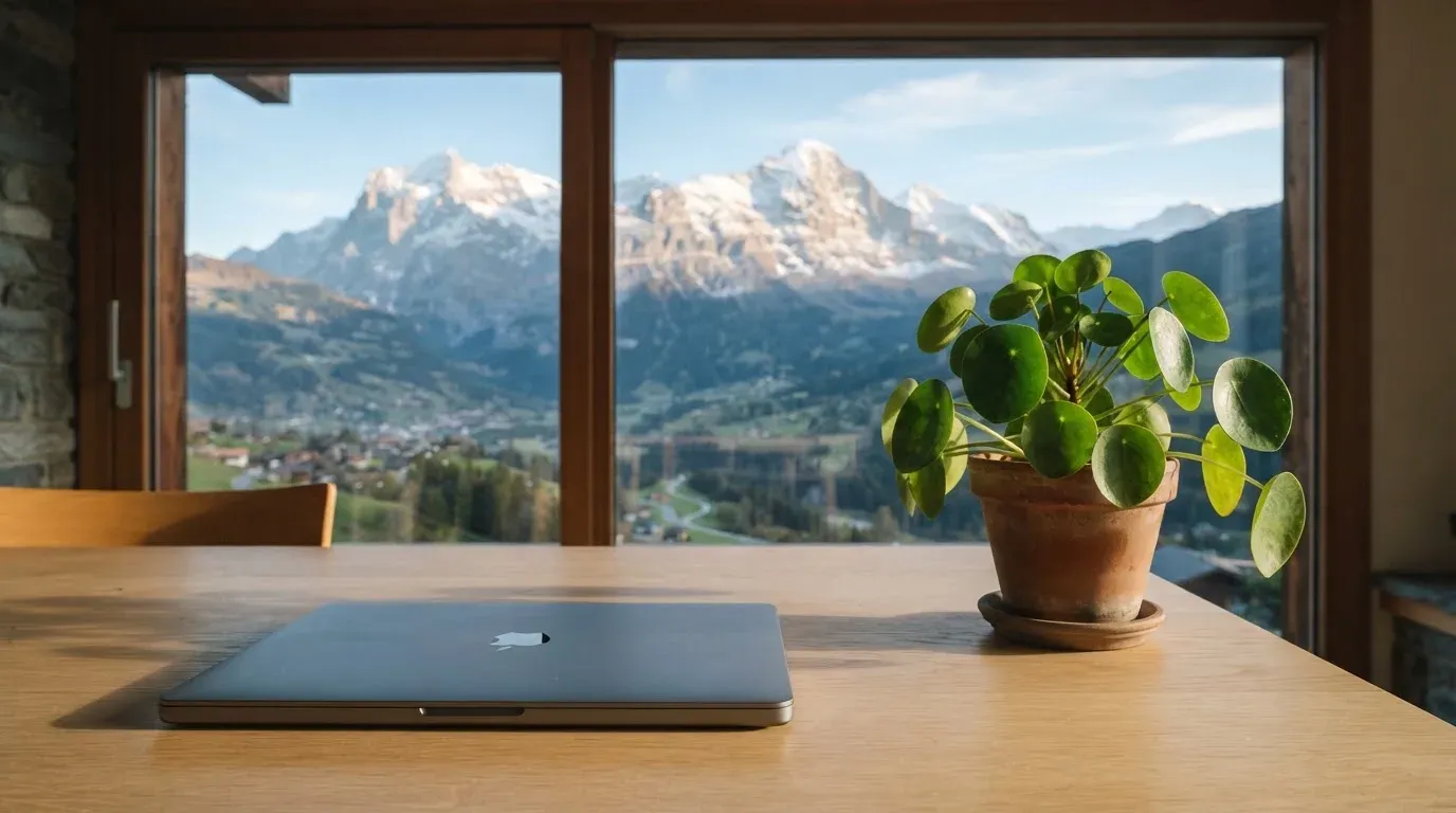 Ein Schreibtisch mit einem geschlossenen Laptop und einer Zimmerpflanze vor einem Fenster mit Blick auf eine Bergkette im Morgenlicht.