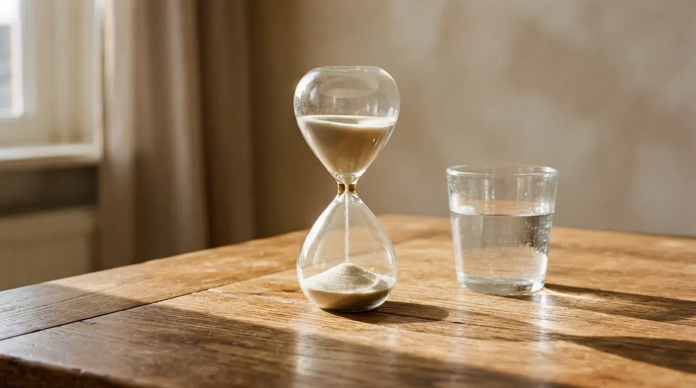 Eine Sanduhr steht auf einem Holztisch neben einem Glas Wasser, schräges Morgenlicht wirft einen langen Schatten über die Tischplatte.