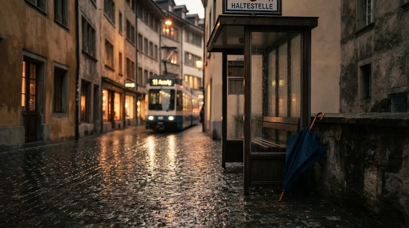 Eine Tramhaltestelle bei Regen in einer Altstadtgasse, das Kopfsteinpflaster glänzt und ein einzelner Regenschirm lehnt an einem Mäuerchen.