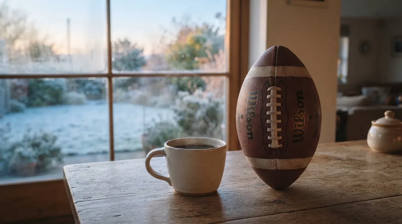 Ein Kaffeebecher und ein Football stehen auf einem Küchentisch am Morgen, durch das Fenster sieht man einen Garten mit Raureif.