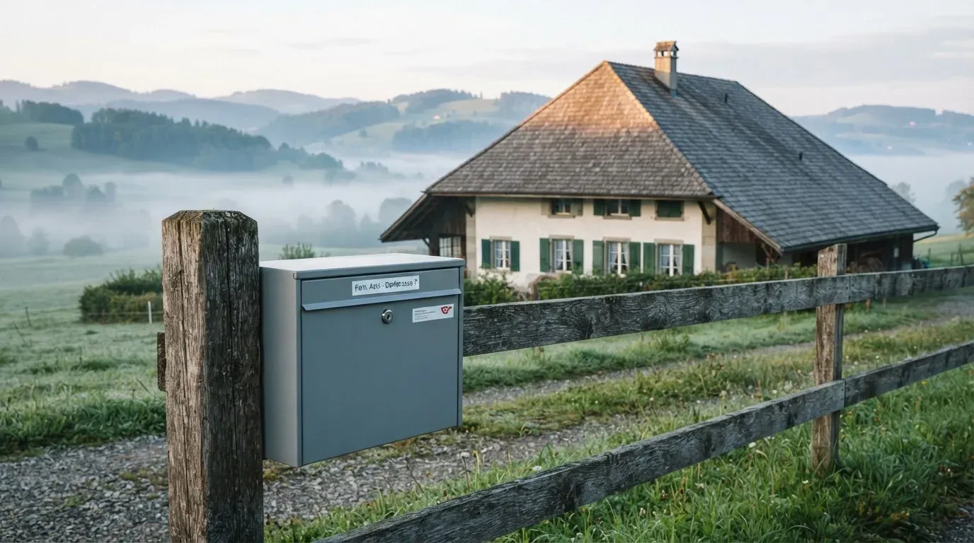 Ein Briefkasten an einem Holzzaun vor einem Bauernhaus in einer Hügellandschaft, auf den Wiesen liegt Frühnebel.